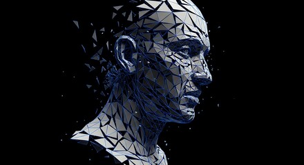 Abstract Digital Portrait of a Mans Face  Futuristic Polygon Art with Fragmented Design on Black Background