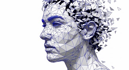 Abstract Digital Portrait of a Womans Face with Fragmented Geometric Design on White Background  Modern Art Illustration