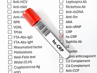 Blood sample tube and paper order request for hs-CRP test analysis.