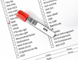Blood sample tube and paper order request for RPR test analysis.