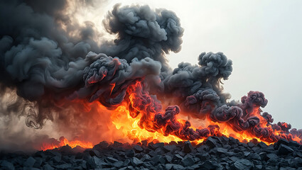 Dramatic fire and smoke with rocky terrain creating a powerful visual spectacle of destruction and intensity representing danger and uncontrolled energy