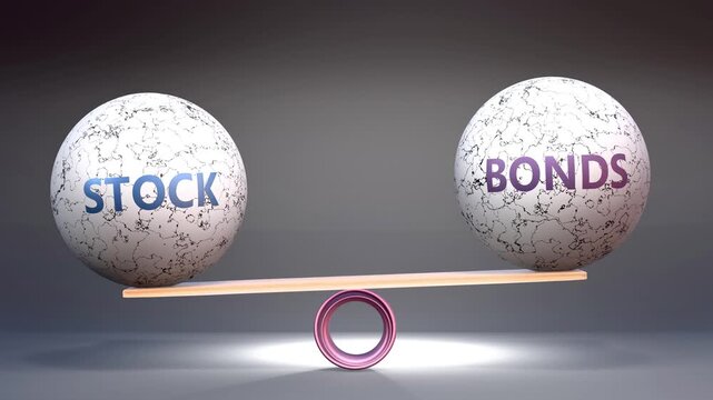 Stock and bonds in balance - balancing stones on a scale symbolizing harmony, equity and equilibrium between stock and bonds. Harmonious and beneficial situation.