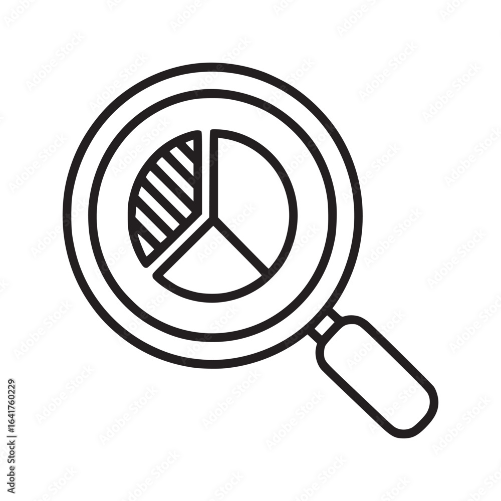 Poster magnifying glass focusing on a pie chart with one section shaded with diagonal lines in black and wh