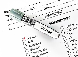 Blood sample tube and paper order request for glucose test analysis.