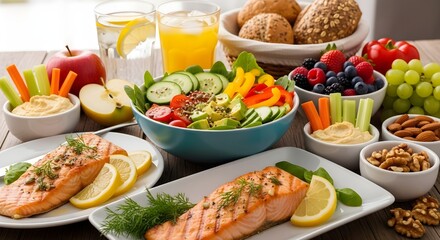 Healthy food for a balanced diet with grilled salmon, fresh salad, fruits, and vegetables.