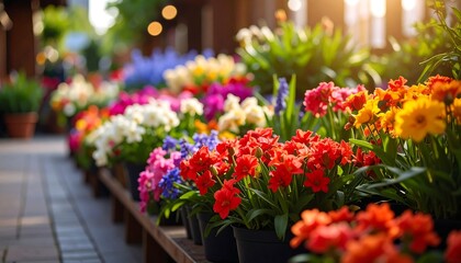 Vibrant flower display in a garden center