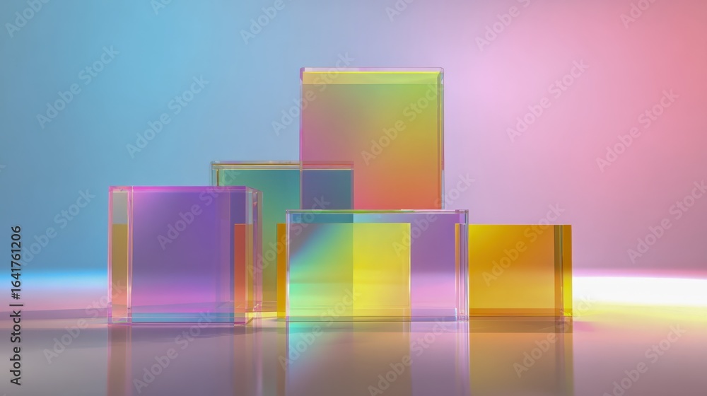 Poster colorful gradient glass blocks on reflective surface displaying abstract geometric arrangement for p