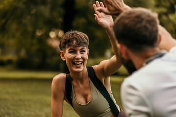 Happy fitness couple giving high five after training outdoors