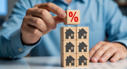 Interest Rates Concept: Wooden Blocks with Percentage Sign on Top of House Icons