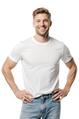 Man wearing white t-shirt and blue jeans, isolated on transparent background