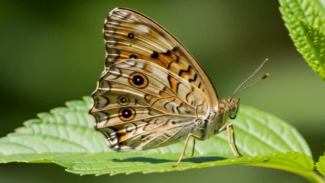 Elegant Butterfly Resting: Detailed Close-Up of Wing Patterns on Green Leaf