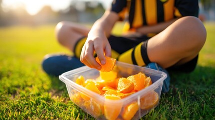 Young Athlete Enjoys Refreshing Orange Slices on the Field for a Healthy Snack During Sports Practice