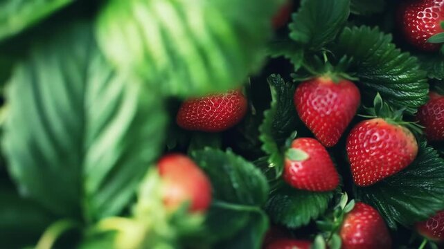 Fresh ripe strawberries among green leaves in garden patch