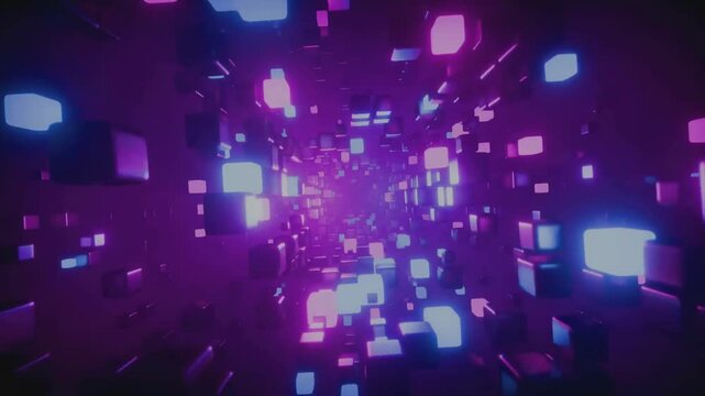 Flying through the neon light cubes, futuristic atmosphere (Loop)