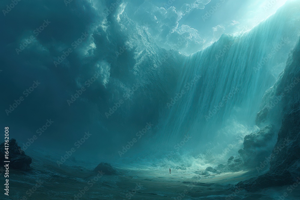 Poster mysterious waterfall cascades from high cliffs into serene ocean, creating a magical atmosphere at d