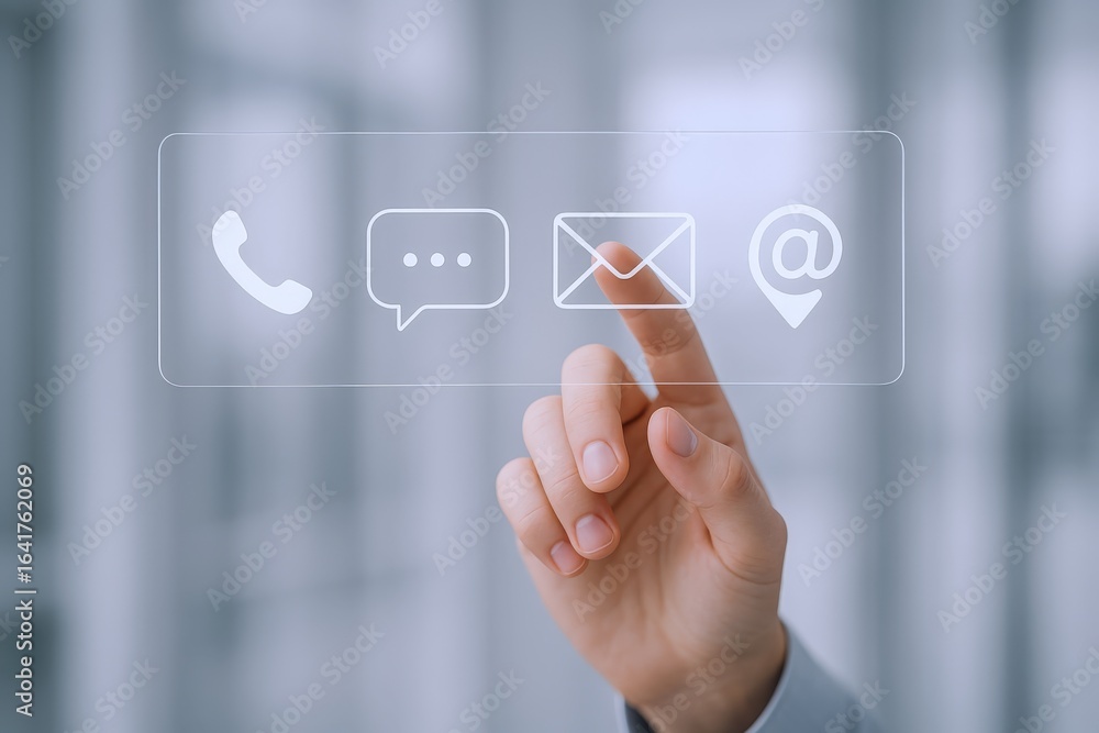 Poster contact options on a virtual interface: hand interacting with communication icons for connection and