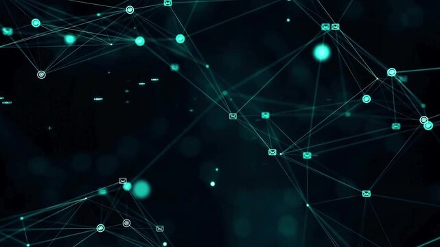 A network of interconnected cyan nodes and lines with small email icons on a dark background