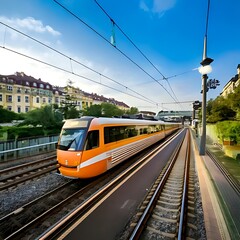 Naklejka premium Orange train on tracks in city