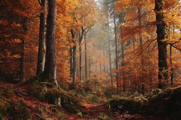 Fototapeta premium Vibrant autumn forest scene with mist and colorful foliage during early morning light in a serene wooded area