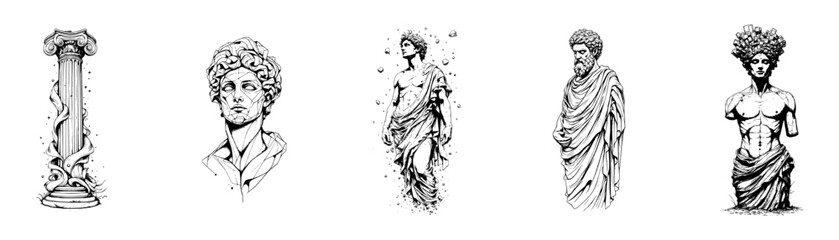 Obraz premium Minimalist Surrealist Greek Ancient Statue Vector Illustration Set