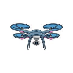 Blue quadcopter drone with camera and pink accents on white aerial vehicle aircraft