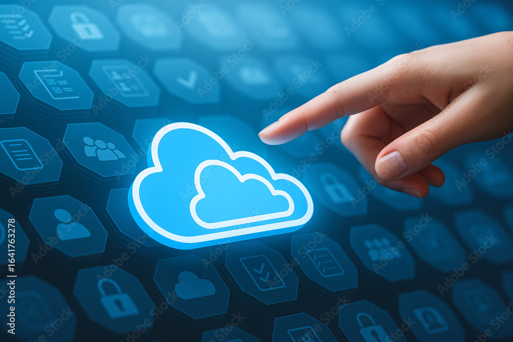 Poster cloud computing technology concept. a finger selects a glowing cloud icon on a virtual screen for da