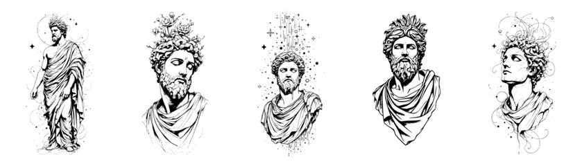 Minimalist Surrealist Greek Ancient Statue Vector Illustration Set