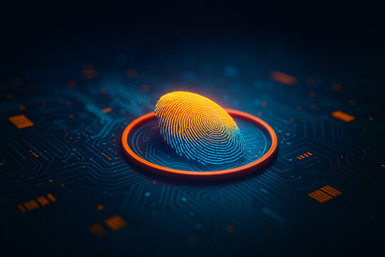 Futuristic concept of cybersecurity with a glowing digital fingerprint on a circuit board for biometric authentication and secure access.