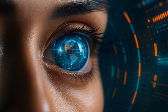 Close-up of a futuristic human eye with a holographic globe, data, and HUD elements. Concept of global vision, AI, and advanced biometric technology. - Powered by Adobe