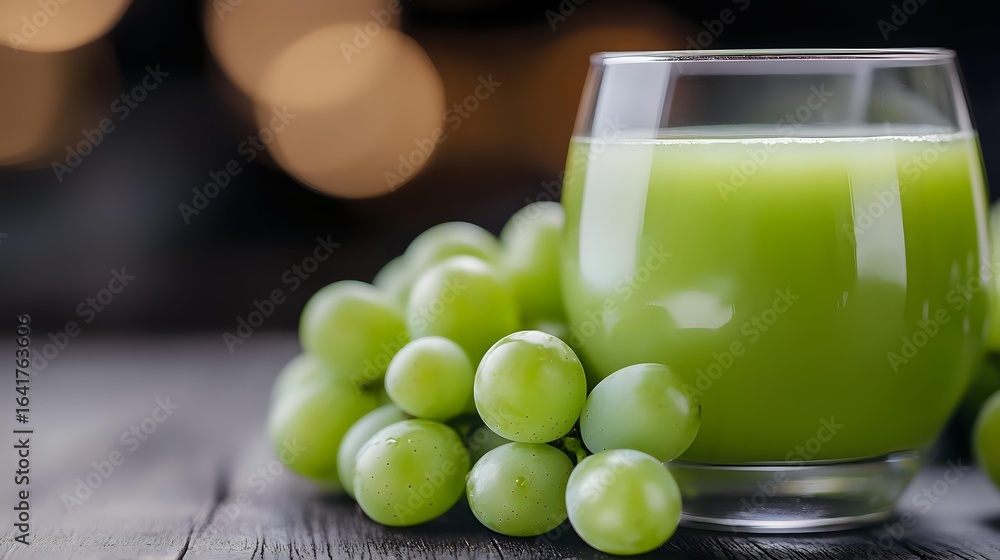 Poster fresh green grape juice in glass with ripe grapes on rustic wooden surface against dark background w