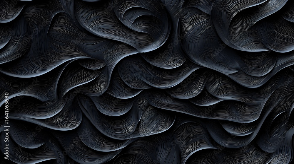 Poster dark wavy abstract background with flowing curved lines creating dynamic movement and depth. monochr