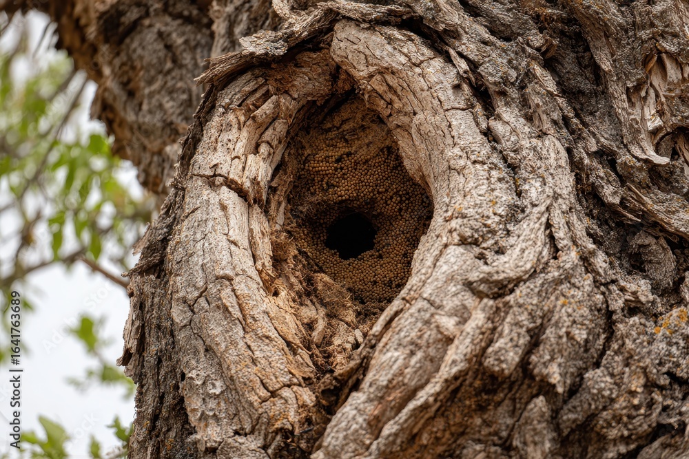 Poster beehive nestled in a tree trunk during springtime in a forested area