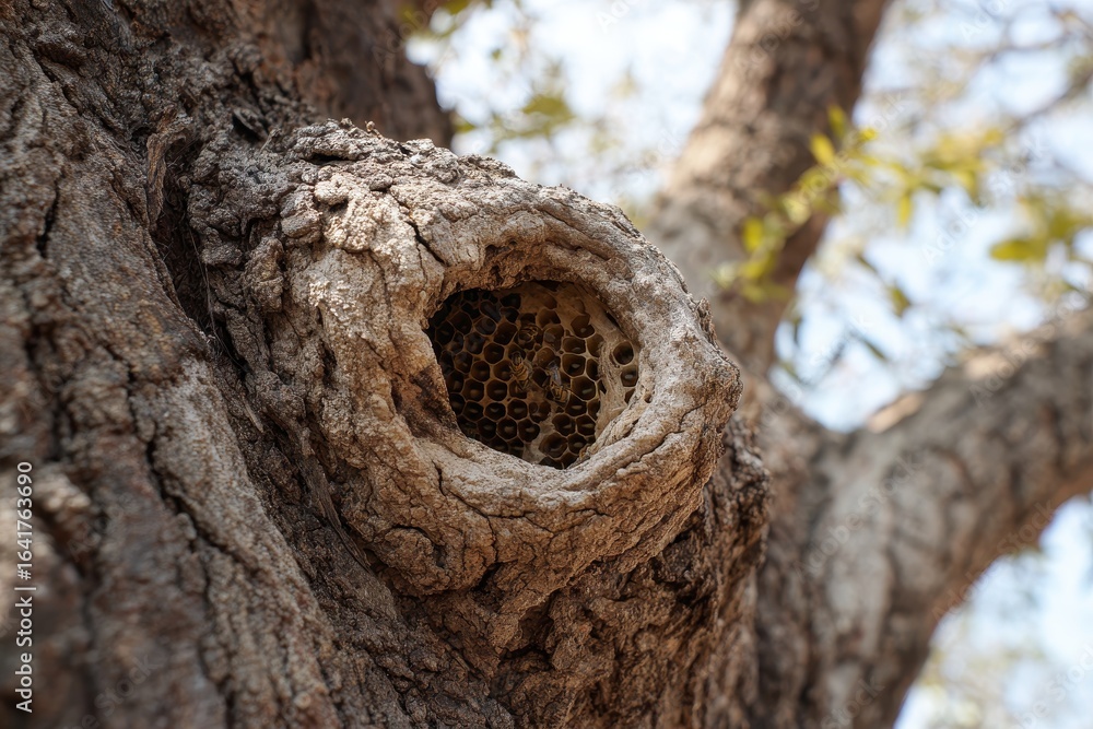 Poster swarm of bees observed in a natural honeycomb nestled within a tree trunk on a sunny afternoon in a 