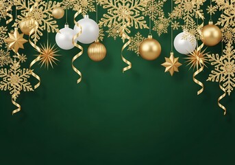 Fototapeta premium Elegant gold and white christmas ornaments on a deep green background