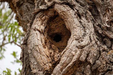 Obraz premium Beehive nestled in a tree trunk during springtime in a forested area
