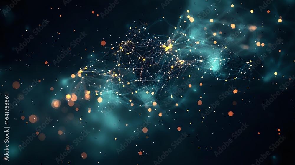 Poster magical glowing particles and bokeh lights floating in dark turquoise space with shimmering stardust