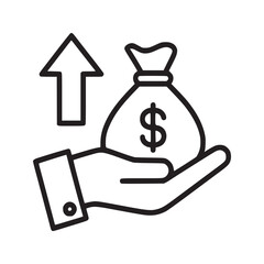 A hand holding a money bag with a dollar sign and an arrow pointing up in a line art style