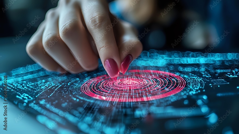 Poster female hand touching digital interface with glowing red circular pattern on blue technological surfa