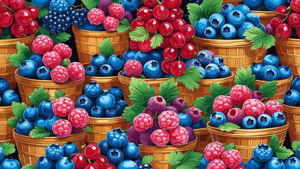Fototapeta premium Vibrant assortment of berry baskets, colorful display of fresh fruits, healthy food concept, garden harvest