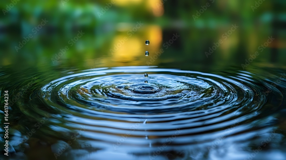 Poster concentric water ripples creating circular pattern on calm lake surface with blurred green and yello