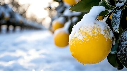 Fresh yellow citrus fruit covered in winter snow on tree branch with green leaves, natural frost creates magical seasonal contrast in garden.
