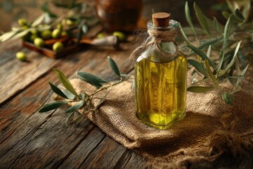 Olive oil in a glass bottle surrounded by fresh olives and greenery on a rustic wooden table