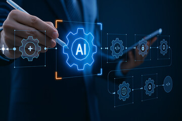 Businessman using AI for process automation, managing a virtual workflow for software development, and business optimization with a digital tablet.