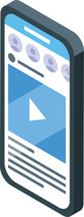 Social media marketing concept with video content and user icons displayed on a smartphone screen in isometric view