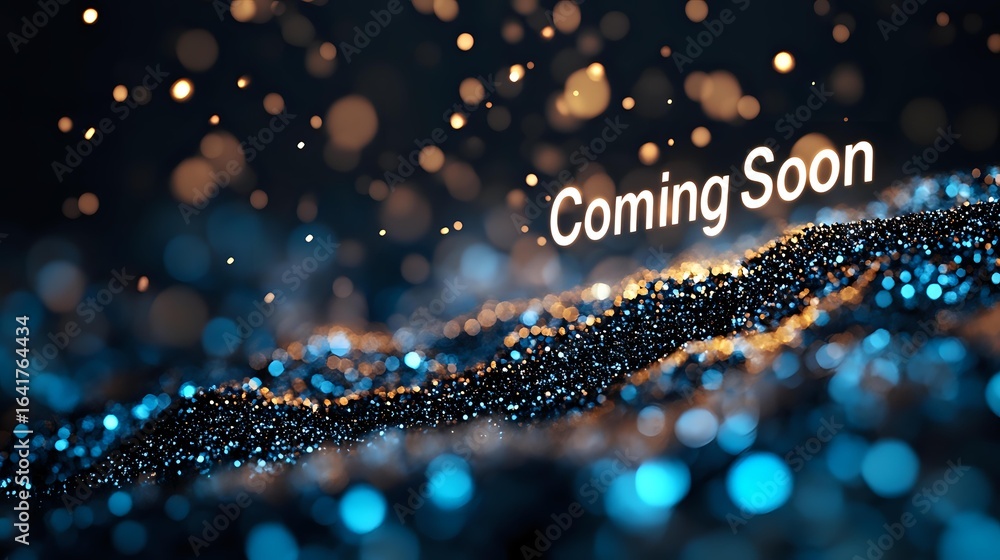 Poster glowing text coming soon floating over abstract wave of sparkling blue and gold particles against da