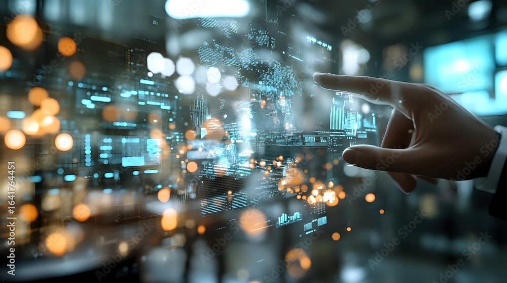Aufkleber futuristic digital interface with human hand touching holographic display, glowing data visualizatio