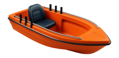 Orange plastic motorboat with side-mounted rod holders and a spacious cockpit