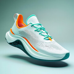 White athletic shoe with teal laces and orange accents sneaker running shoe