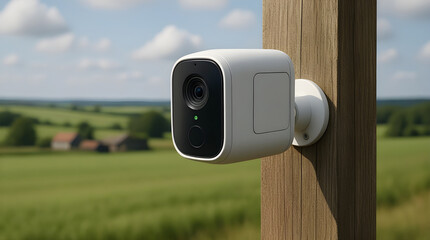 Modern battery-powered security camera on a wooden post in rural area