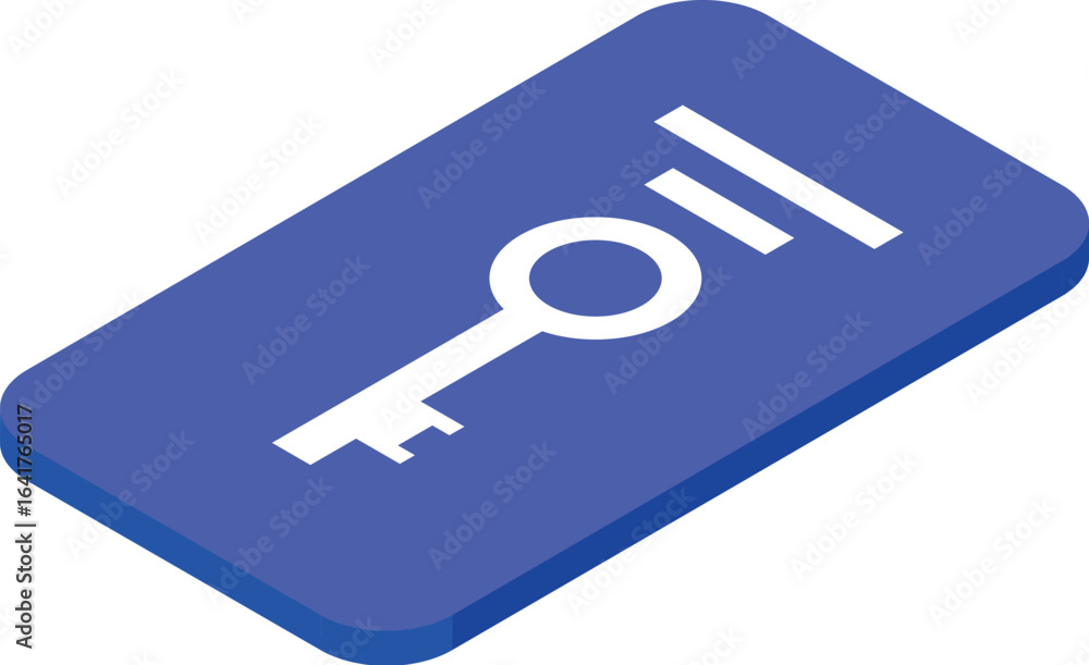 Poster isometric icon representing digital key securing smartphone access, symbolizing mobile security and 